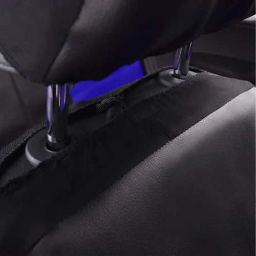 Artificial leather car seat covers in black, showing 9-piece set with headrest and seat protection on a 5-seater car