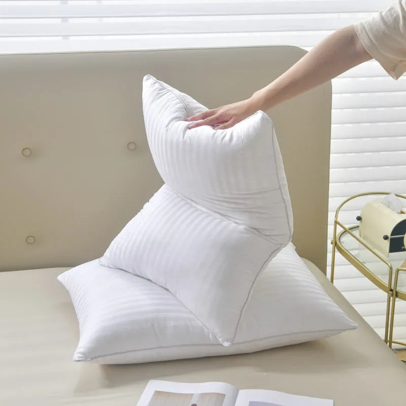 White cotton satin stripe pillow with feather-cotton filler in 900g, 1000g, or 1100g weights and 45x65cm, 48x74cm, 50x80cm sizes