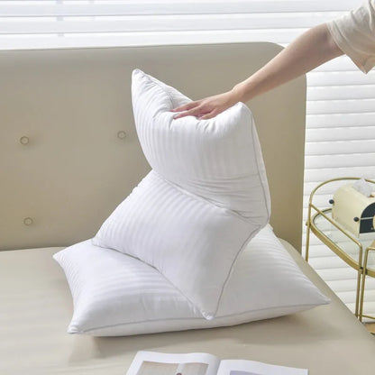 White cotton satin stripe pillow with feather-cotton filler in 900g, 1000g, or 1100g weights and 45x65cm, 48x74cm, 50x80cm sizes