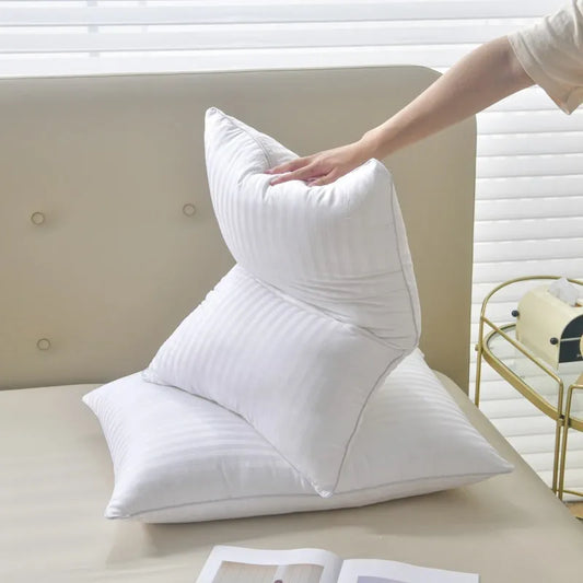 White cotton satin stripe pillow with feather-cotton filler in 900g, 1000g, or 1100g weights and 45x65cm, 48x74cm, 50x80cm sizes
