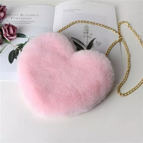 Women's plush chain shoulder bag with heart shape design in various colors