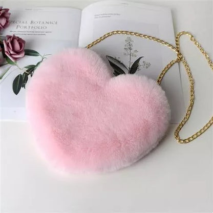 Women's plush chain shoulder bag with heart shape design in various colors