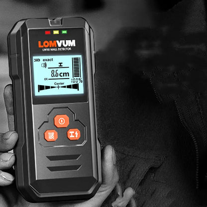Handheld multifunctional wall detector for finding metal, wires, and wooden studs behind walls.