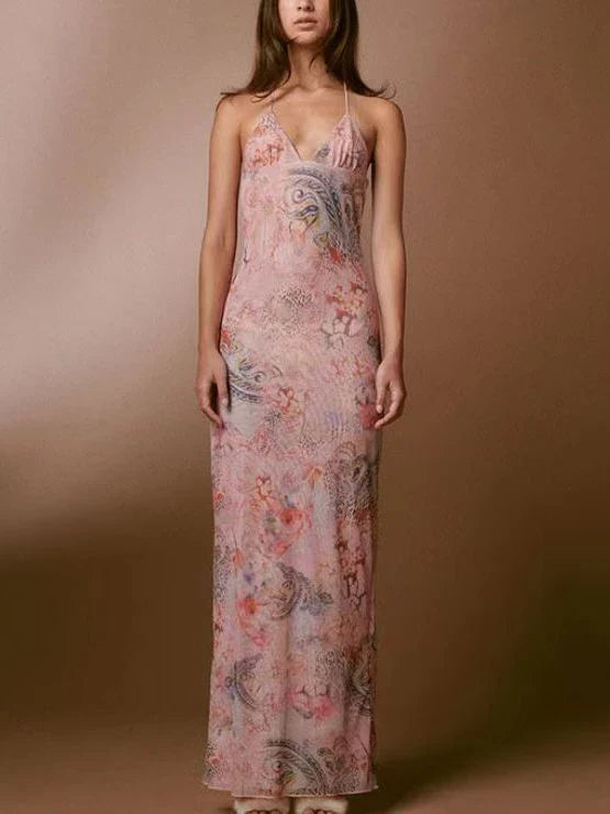Chic floral halter dress with butterfly-inspired back, available in various vibrant colors and sizes