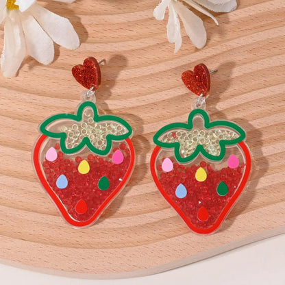 Colourful acrylic earrings with fruit and dessert designs including cherry, strawberry, watermelon, pineapple, coconut, cake and ice cream motifs