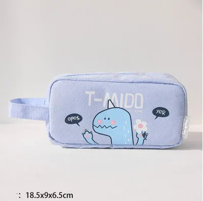 Cartoon dinosaur stationery bag in 12 Ann cotton cloth, 18.5 x 9 cm, inverted trapezoid shape, Blue Green Pink Sky Blue options