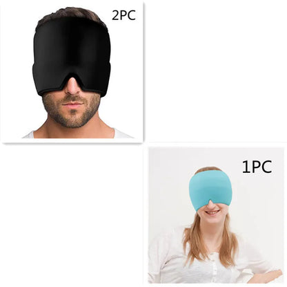 Black elastic cooling gel eye mask for headache relief placed on a forehead.