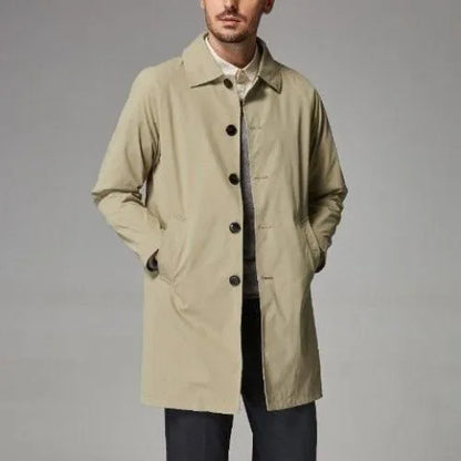 Men's khaki loose fit mid-length rabbit fur trench coat on hanger