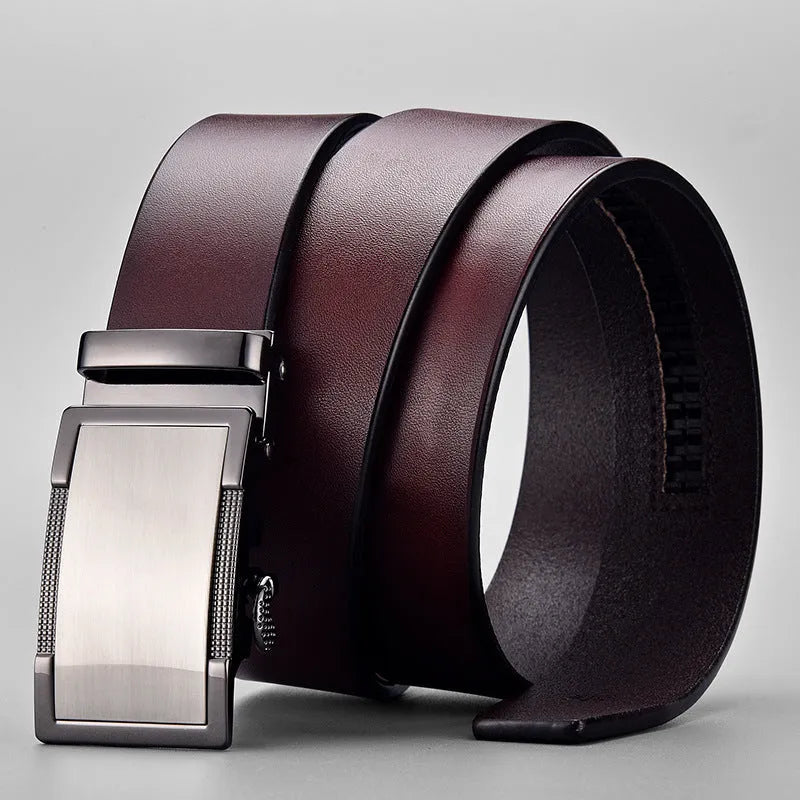 Men's two-layer cowhide leather belt with alloy automatic buckle, black or brown, 110cm to 130cm, 2-4cm width