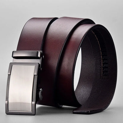 Men's two-layer cowhide leather belt with alloy automatic buckle, black or brown, 110cm to 130cm, 2-4cm width