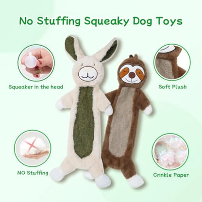 No stuffing crinkle dog toys showing rabbit and sloth plush designs for interactive canine play