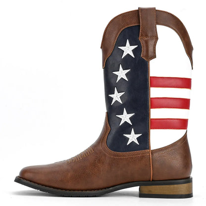 Men's black cowboy boot with five-pointed star design and low square heel