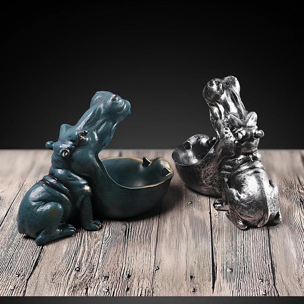Handmade blue resin hippo storage figurine with removable top showing interior compartment