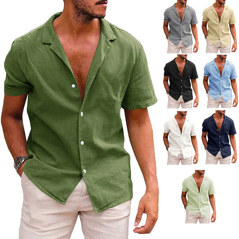 Men's casual linenCotton short sleeve button-down shirt in various colors