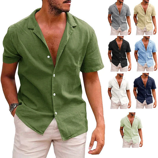 Men's casual linenCotton short sleeve button-down shirt in various colors
