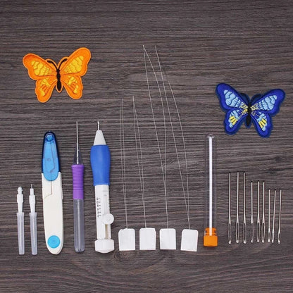 DIY embroidery set box with 50 coloured polyester threads on bobbins, 250g total weight, including butterfly pattern model 177