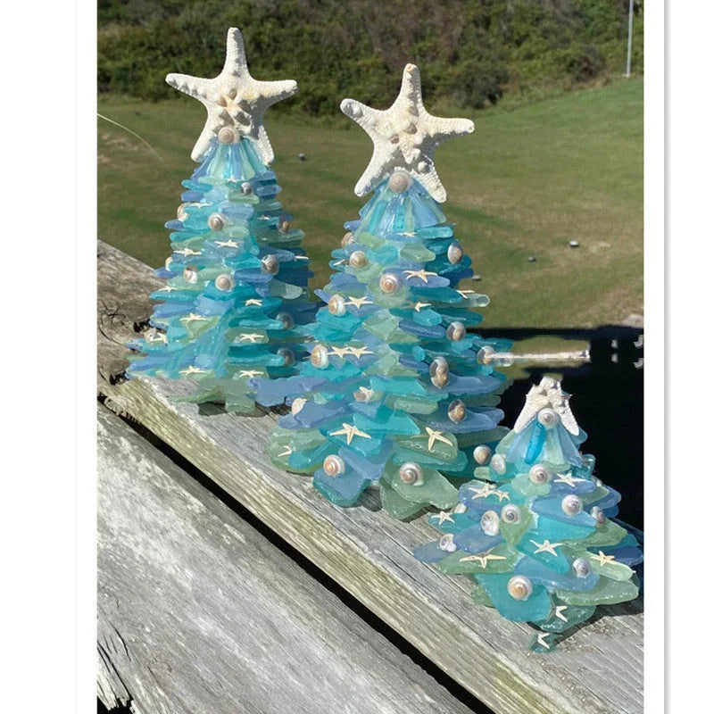 Blue PVC Christmas tree decoration with ocean-themed design, 15cm in height