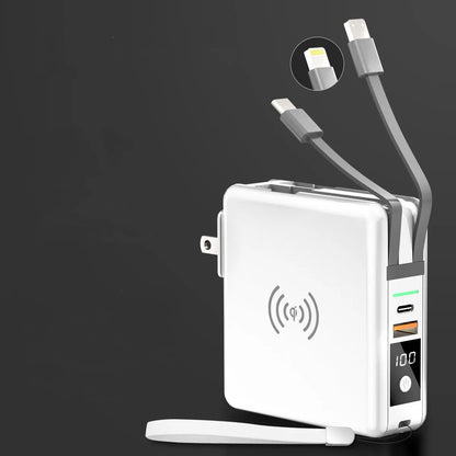 Super QI Wireless Charging Treasure PD20W Fast Power Bank showing integrated plug design and wireless charging surface