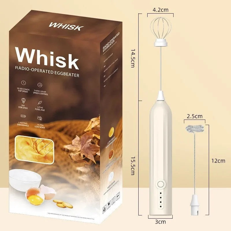 Mini handheld milk frother in black, white or khaki colour with stainless steel whisk and USB charging