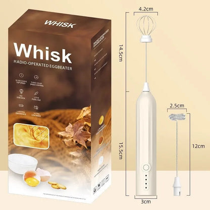 Mini handheld milk frother in black, white or khaki colour with stainless steel whisk and USB charging