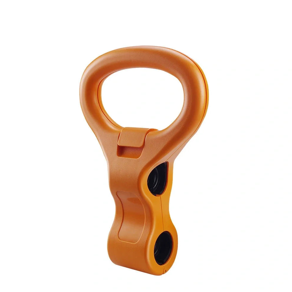Adjustable plastic kettlebell grip showing double hole and single hole configurations for strength training