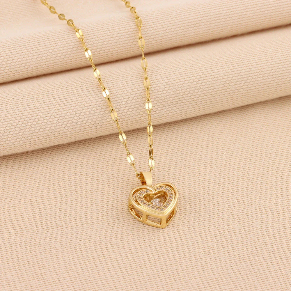Elegant titanium steel necklace with heart-shaped pendant and rhinestones