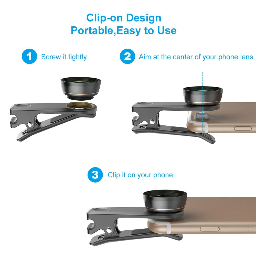 Six smartphone camera lenses including fisheye, macro, telephoto, wide-angle, CPL and star filters with aluminium housings