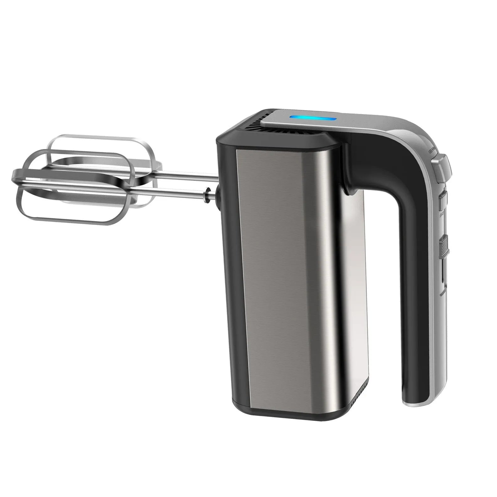 Silver handheld electric kitchen whisk with five speed settings and 1000W motor