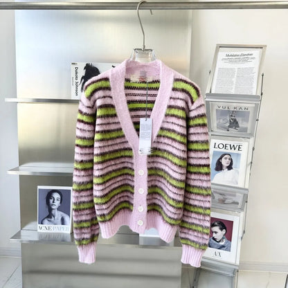 Pink wool ladies cardigan sweater with nap finish and contrast detailing, shown in cardigan and pullover styles.