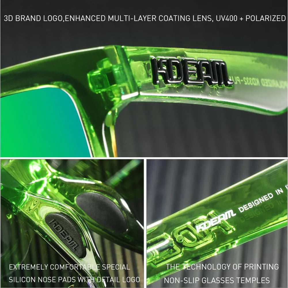 Square polarised sunglasses with TAC lenses and a PC frame, shown in one of 12 available colour options.