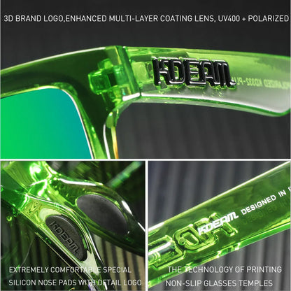 Square polarised sunglasses with TAC lenses and a PC frame, shown in one of 12 available colour options.