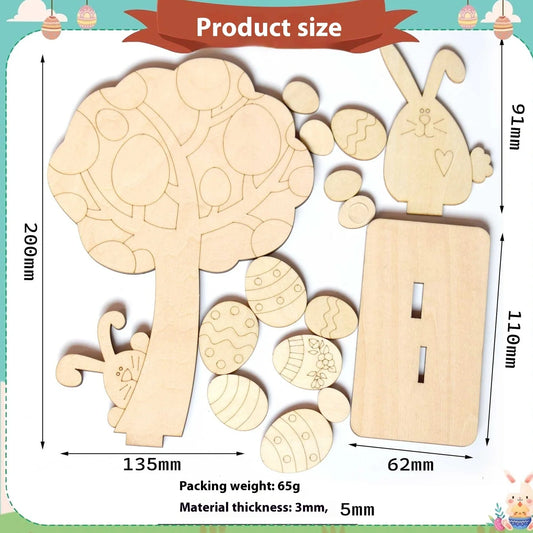 Set of 12 coloured wooden Easter egg ornaments showing 10cm length and 0.7cm thickness dimensions