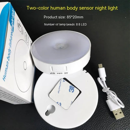 LED body sensing night light with USB charging, 86mm diameter, in beige or white, showing 3M tape for installation