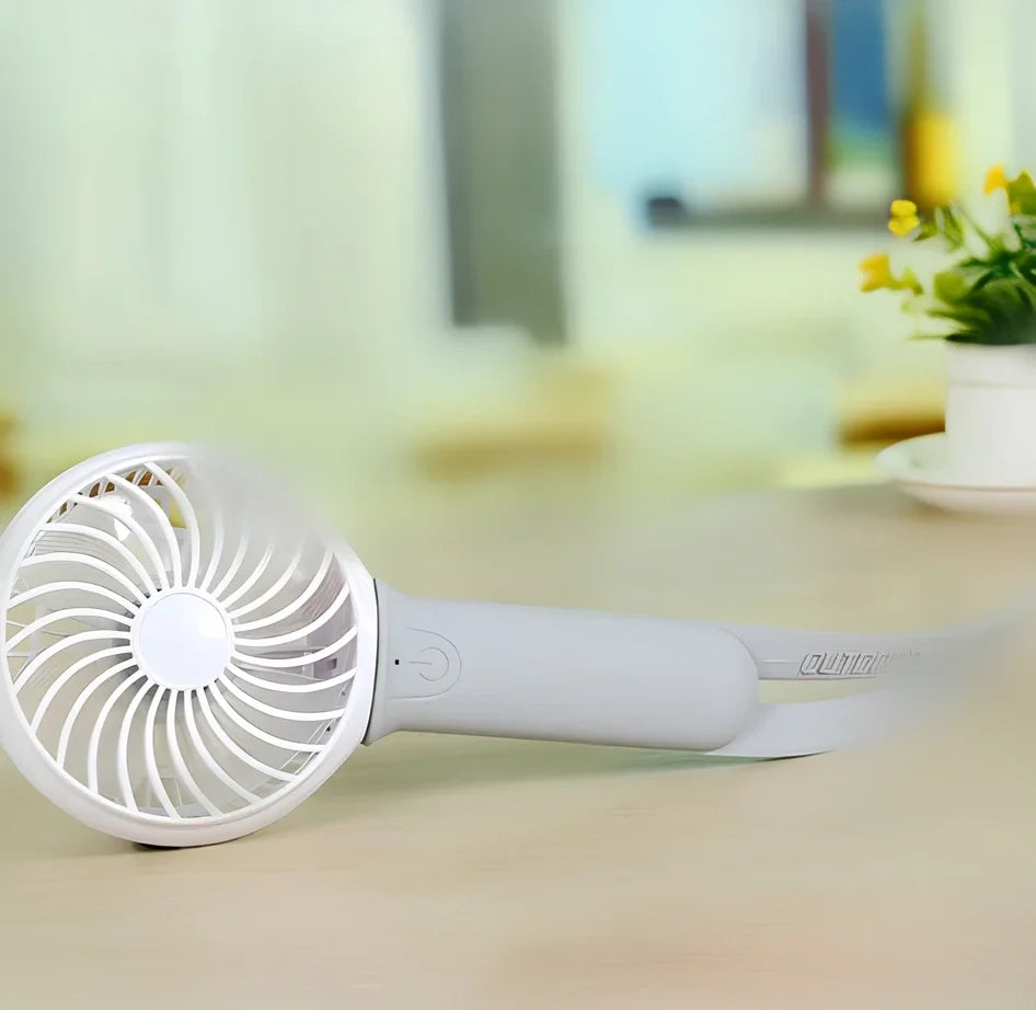 Mini USB hand fan with 200mm blades and LED light in blue, green, grey, or pink colours
