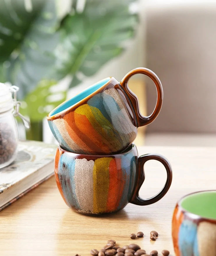 Handmade ceramic coffee mug with lid and spoon in vibrant colors, 350ml capacity