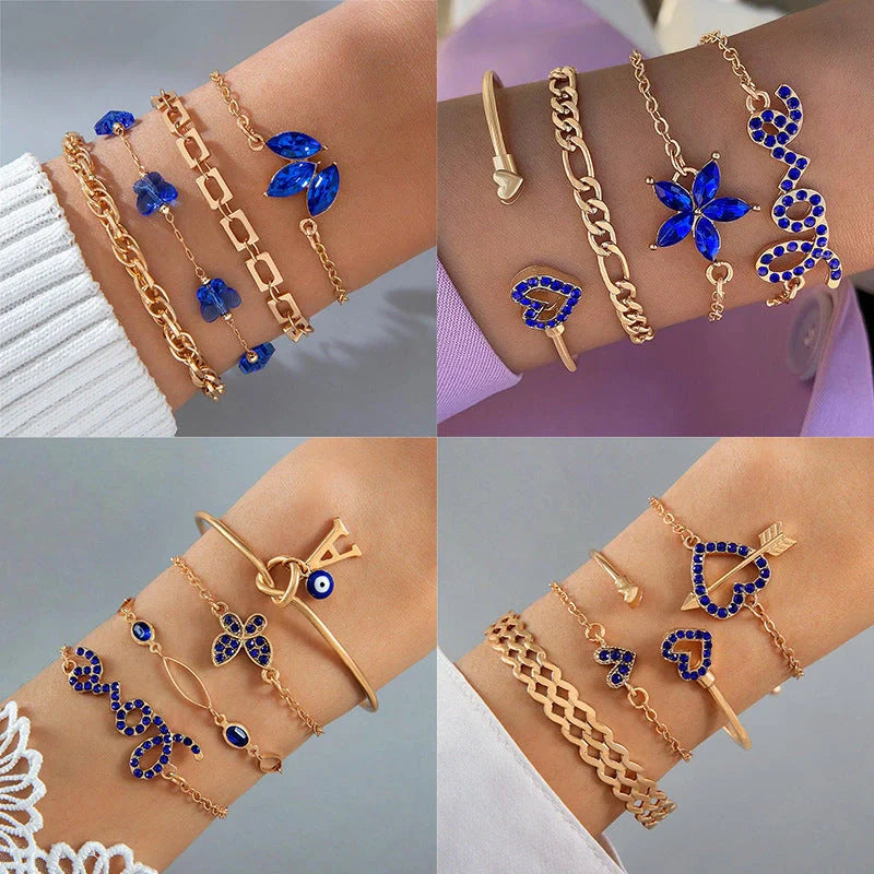 4-piece blue flower love butterfly bracelet set with rhinestones, perfect for Valentine's Day