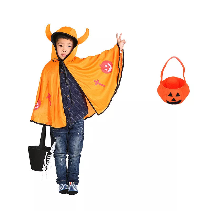 Children's Halloween costume in knitted polyester, available in red, yellow, black, and purple