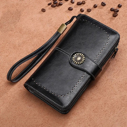 Women's long zipper clutch wallet in bovine split leather with polyester lining, vertical square shape, available in Black, Green, Red, and Yellow.