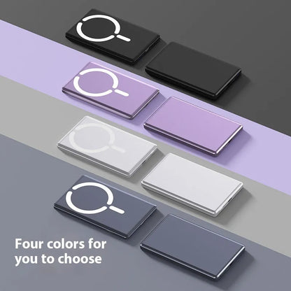 Ultra-thin dark grey magnetic power bank attached to the back of an iPhone, showing its slim 9mm profile.