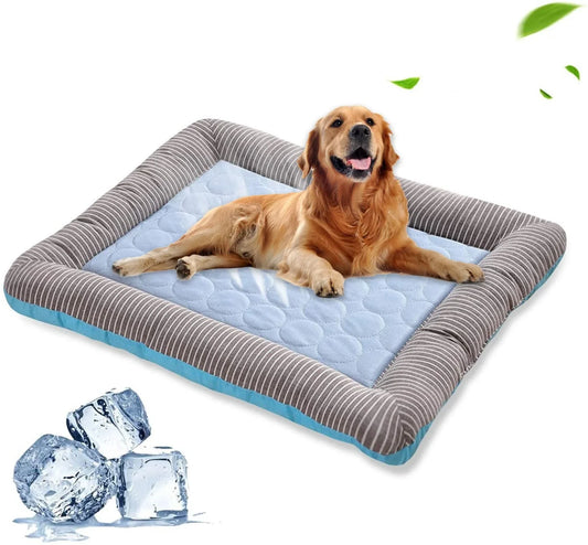 A plush, breathable cooling pet bed in blue and red colors, designed to keep dogs and cats comfortable in the summer heat.