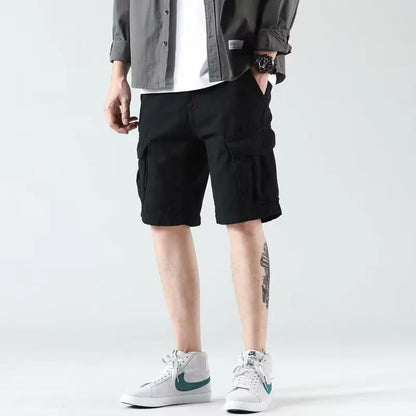 Men's heavy American overalls shorts in khaki, black, or green, loose straight-leg polyester blend summer shorts with zip fly