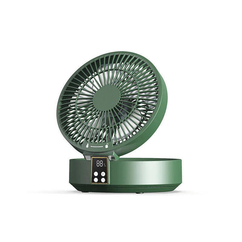 Rechargeable USB desk and wall-mounted fan with folding design, adjustable wind speeds, and warm ambient nightlight