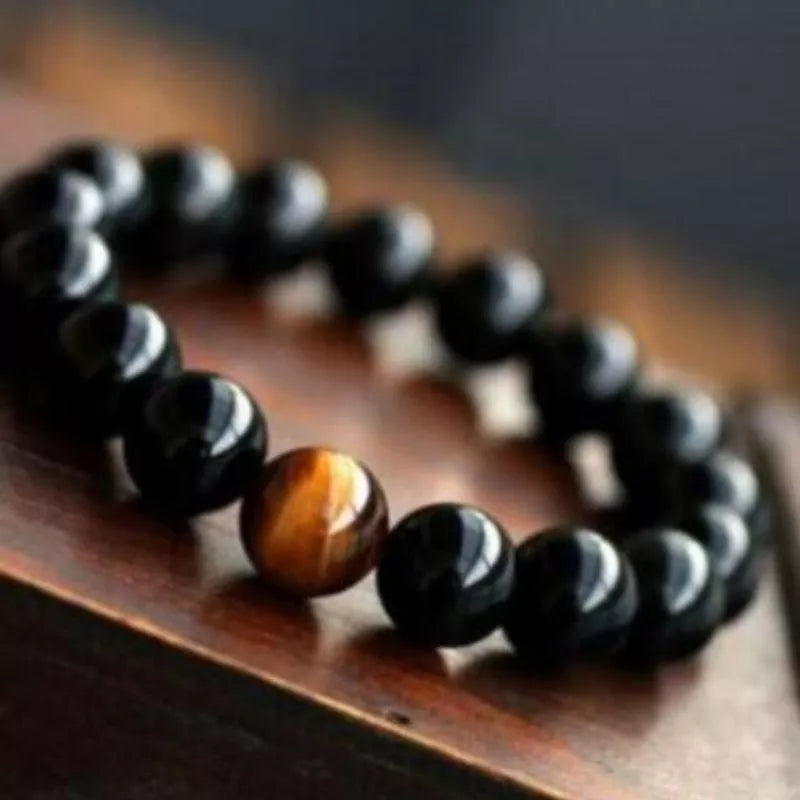 Natural Black Onyx and Tiger Eye Energy Bracelet with elastic rope
