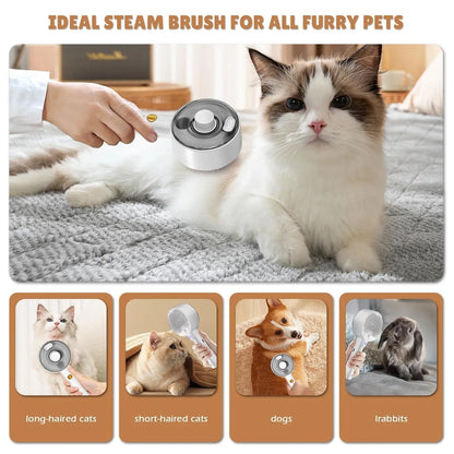Pink and white cat steam brush with mist spray function, rounded head, and stainless steel comb bristles.