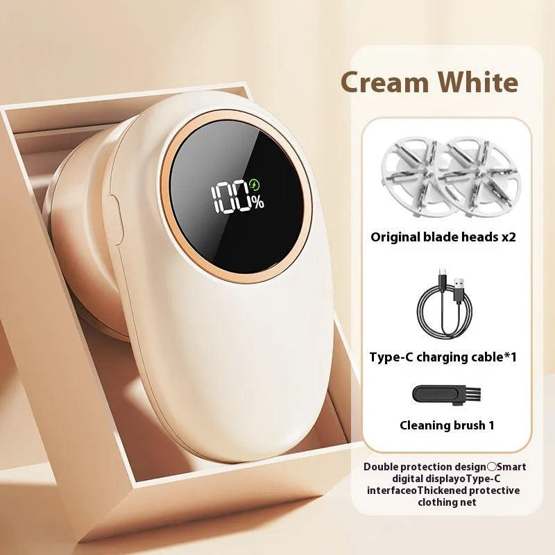 Fur ball trimmer with digital display in beige or purple colours with configurable cutter heads