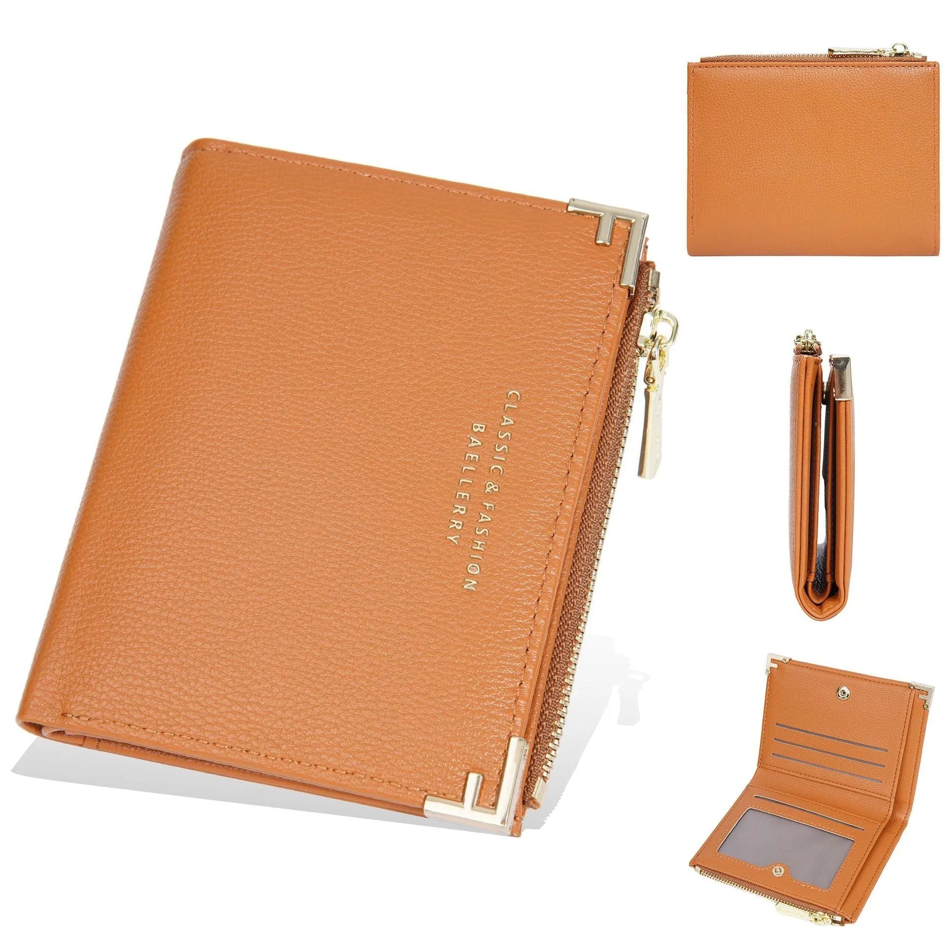 Slim pink PU leather women's wallet with card slots and a zipper coin compartment.