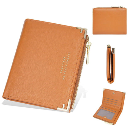 Slim pink PU leather women's wallet with card slots and a zipper coin compartment.