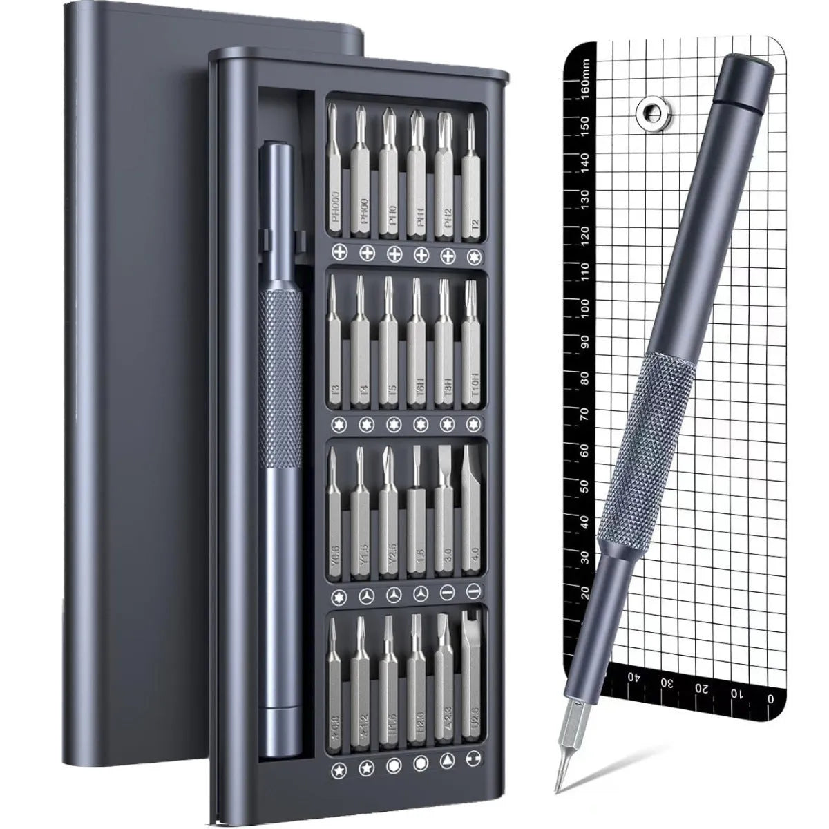 25-in-one screwdriver set with magnetic bits and knurled handle, 110mm long, for household repairs