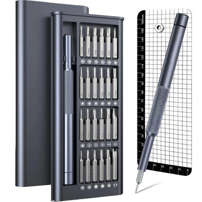 25-in-one screwdriver set with magnetic bits and knurled handle, 110mm long, for household repairs