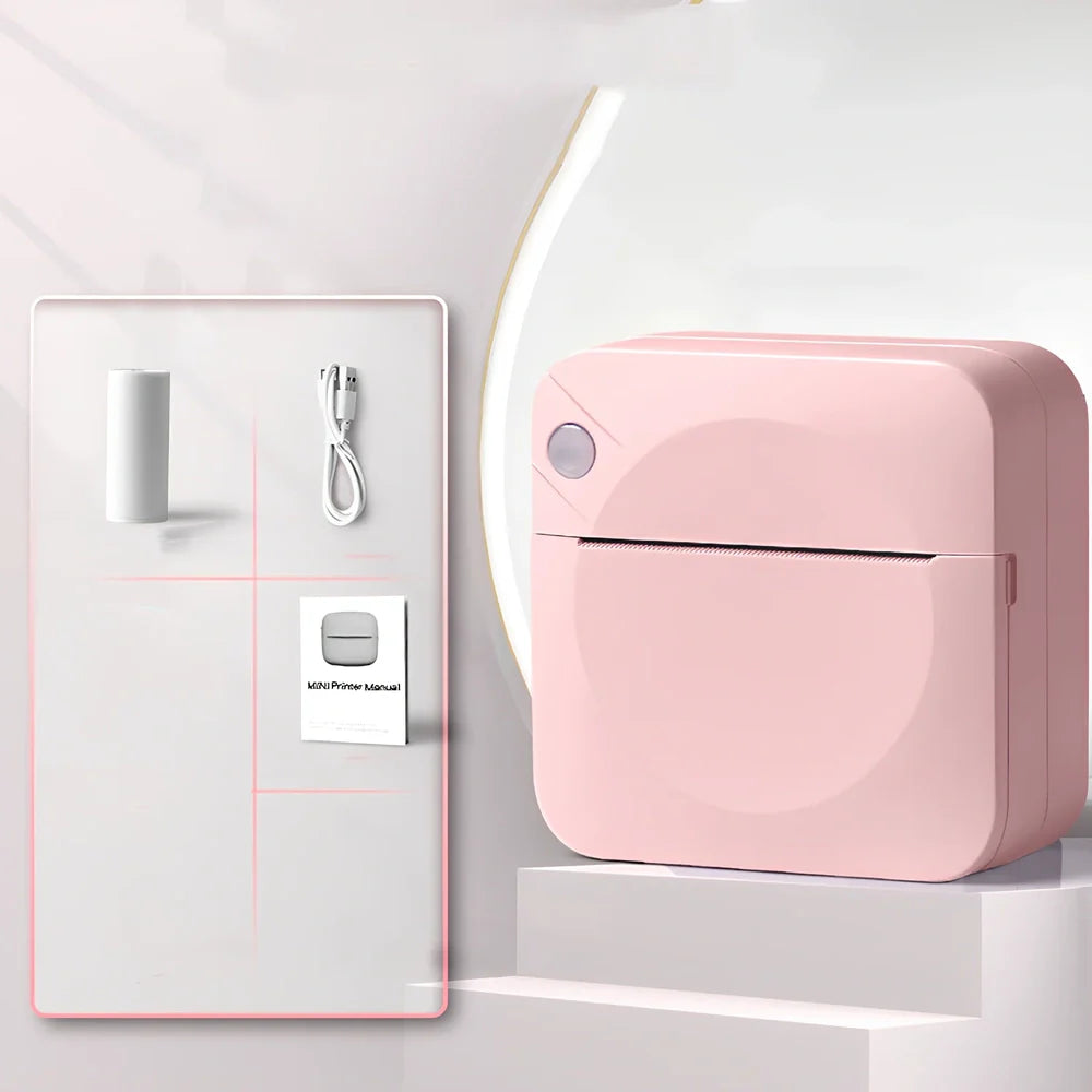 Blue mini thermal printer measuring 80x80x35mm with Bluetooth connectivity for student study organisation